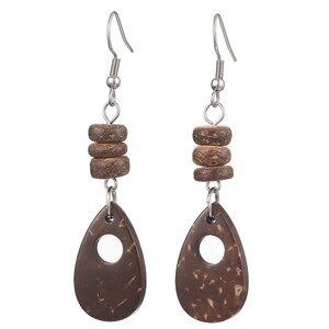 Teardrop Natural Coconut Dangle Earrings Stainless Steel Ear-hook  NWOT Handmade